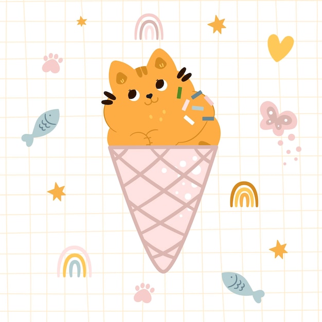 Kitten in ice cream Hand drawn flat vector illustration on trendy plaid background Funny animal characters and indoor plants Indoor plants and pets