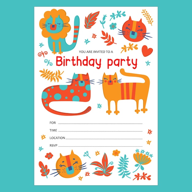 Vettore gattino invita il compleanno carino stile piatto testo banner sketch