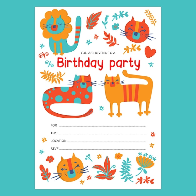 Gattino invita il compleanno carino stile piatto testo banner sketch