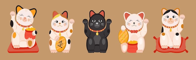 Kitten vector set geïsoleerd op bruine achtergrond gelukkige kat in japanse traditionele culture