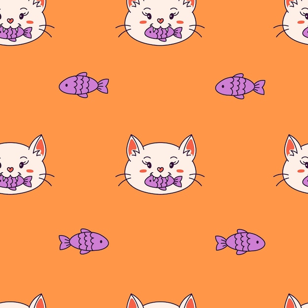Kitten with fish seamless pattern
