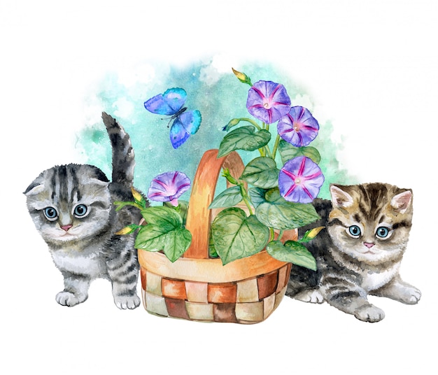 Kittens and a flower basket. watercolor. illustration