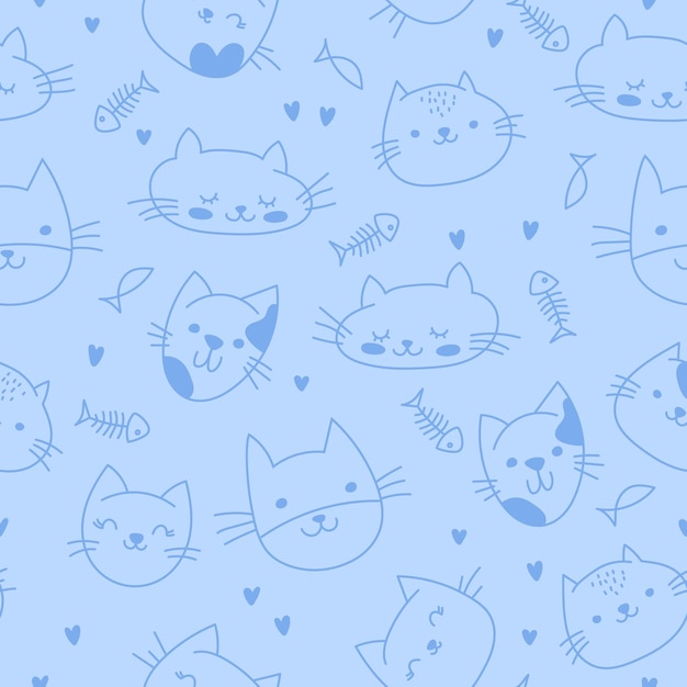 Vector kittens silhouette seamless illustration hand drawn pattern with a blue outline isolated