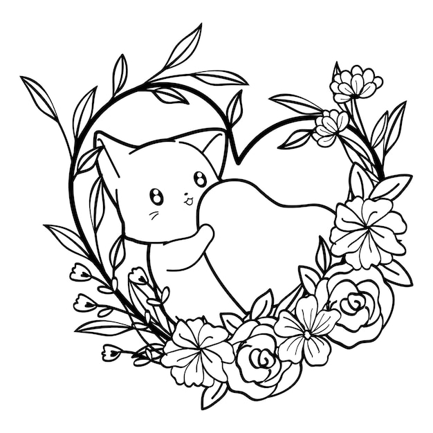 Kitty with heart cartoon character coloring page 1