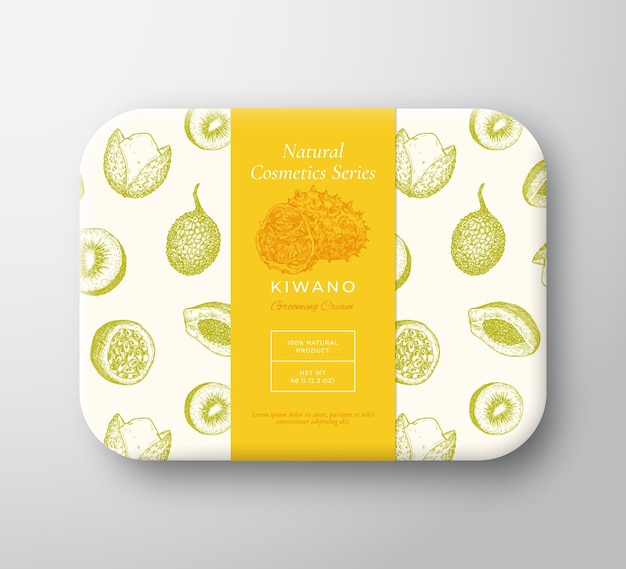 Kiwano bad cosmetica pakket box. abstract vector ingepakte papieren container met labeldekking. ontwerp van verpakking. moderne typografie en met de hand getekende exotische vruchten achtergrondpatroonlay-out. geïsoleerd.