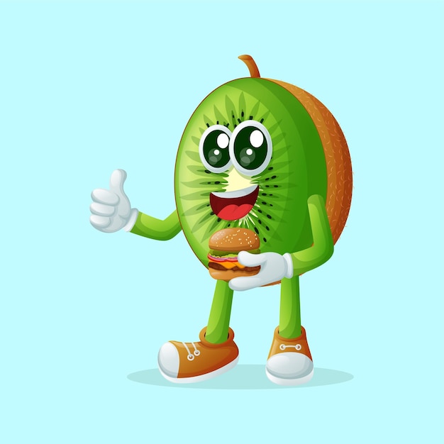 kiwi character holding a burger and smiling Perfect for kids merchandise and sticker banner promotion