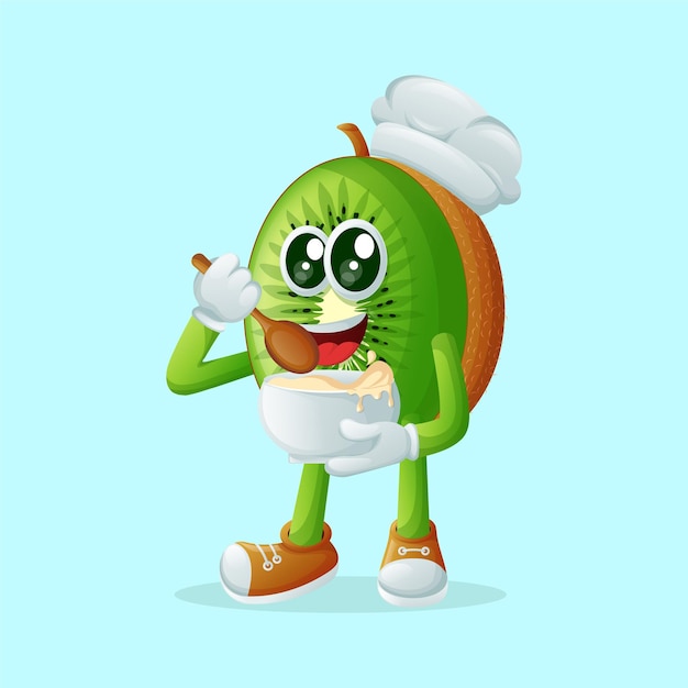 Vector kiwi character mixing ingredients perfect for kids merchandise and sticker banner promotion