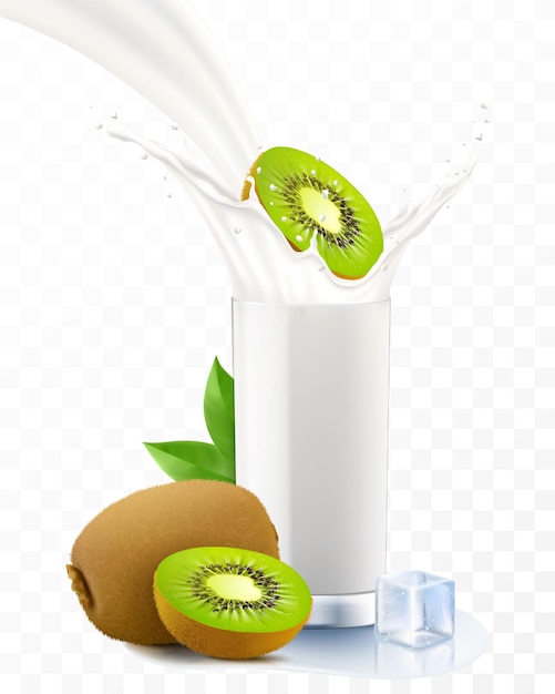 Kiwi che cade in un bicchiere di latte o yogurt spruzzi di latte dolce frullato di frutta banner pubblicitario getto di yogurt gocce volanti bevanda bianca in tazza di vetro illustrazione vettoriale 3d realistica isolata