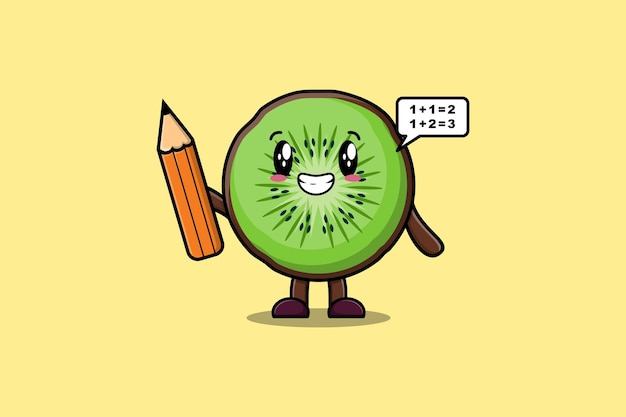 Vector kiwi fruit cute cartoon clever student with pencil style design in flat modern style design