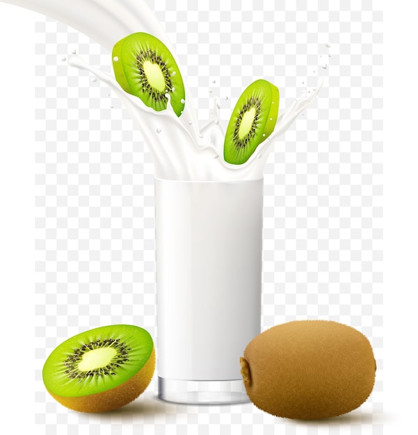 Kiwi fruit segmenten vallen in een glas melk of yoghurt Fruit milkshake reclame banner yoghurt jet witte drank in glazen beker Realistische 3D-vector illustratie geïsoleerd