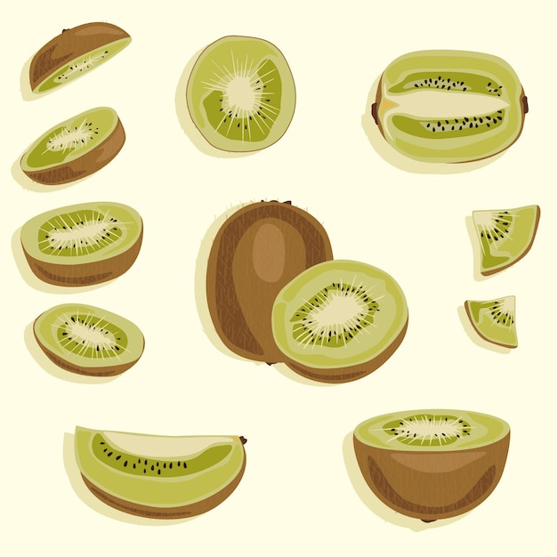 Kiwi geheel in tweeën gesneden en een rond schijfje kiwi Tropische bessen Vector fruit iconen