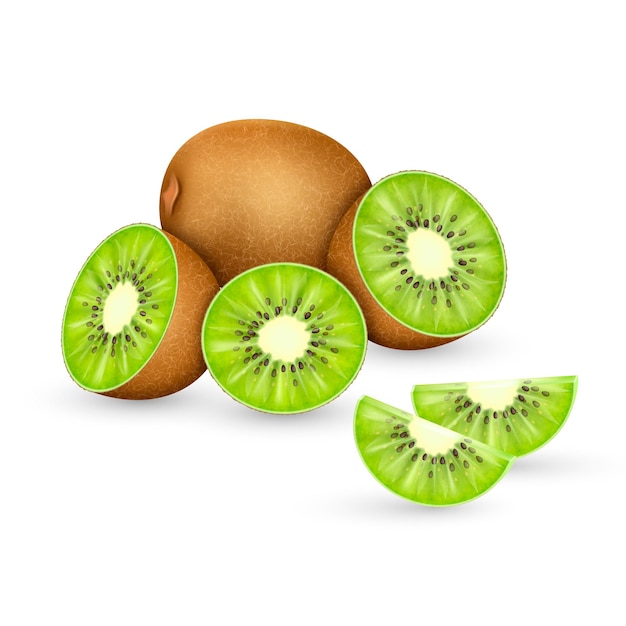 Vettore kiwi e pezzi di kiwi su sfondo bianco