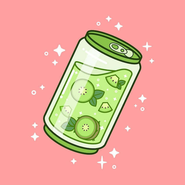 Vector kiwi soda can crystal glass drawing illustration vector