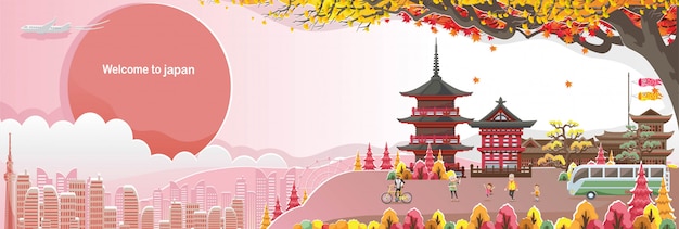 Храм Киёмидзу. Ландшафт ориентир ориентира Японии. Панорама здания. Осень пейзажа счастливое людей.
