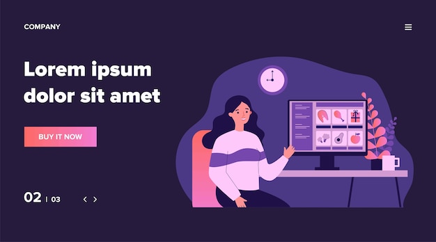 Klant kiezen van voedsel in online supermarkt. vrouw bij computer, internetwinkelillustratie. service, eten bestellen tijdens lockdown-concept voor banner, website of bestemmingswebpagina