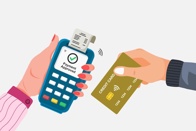 Klant maakt contactloze betaling met behulp van een creditcard bij de betalingsterminal Vector illustratie