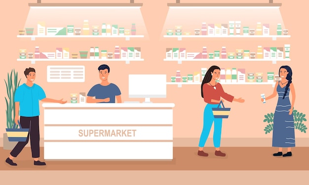 Vector klanten die in een supermarkt boodschappen doen en bij de toonbank wachten op hulp als verkoper