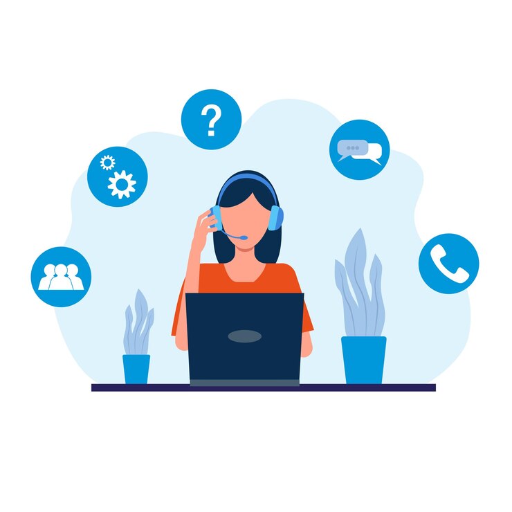 Vector klantenservice bestemmingspagina vrouw met koptelefoon en microfoon met laptop concept illustratie voor ondersteuning help callcenter vectorillustratie in vlakke stijl