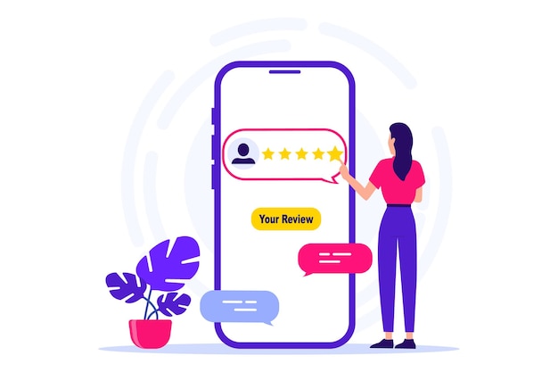 Klantrecensies en gebruikersbeoordelingsconcepten Vrouw staat in de buurt van grote smartphone en beoordeelt een mobiele app vijf sterren Klantfeedback en hoge beoordeling Gebruiker geeft vijfsterrenfeedback