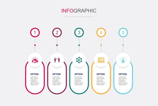 Klantrelatie communicatiedienst CRM klantenservice iconen Infographic ontwerpsjabloon Creatief concept met 5 stappen