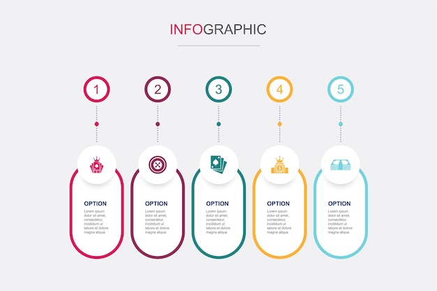 Klantrelatie communicatiedienst CRM klantenservice iconen Infographic ontwerpsjabloon Creatief concept met 5 stappen