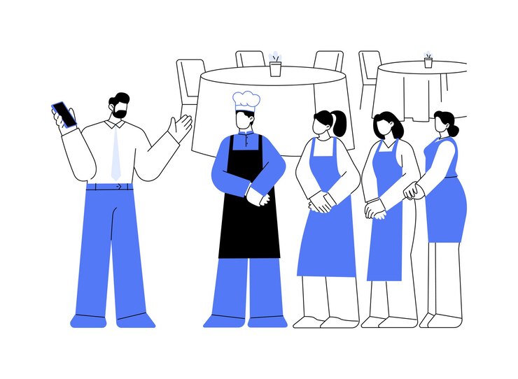 Vector klantrelatie in een restaurant abstracte concept vector illustratie het runnen van een restaurant professionele horeca manager klanttevredenheid en feedback training personeel abstracte metafoor