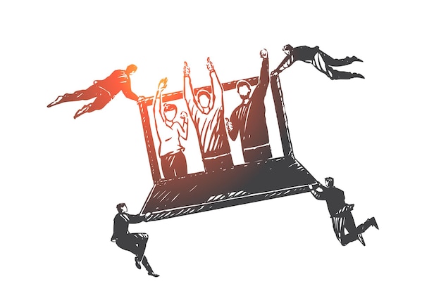 Klantrelatiebeheer, CRM-conceptschets. Zakenlieden vliegen en laptop met tevreden tevreden klanten op het scherm te houden. Hand getekend geïsoleerde vector illustratie