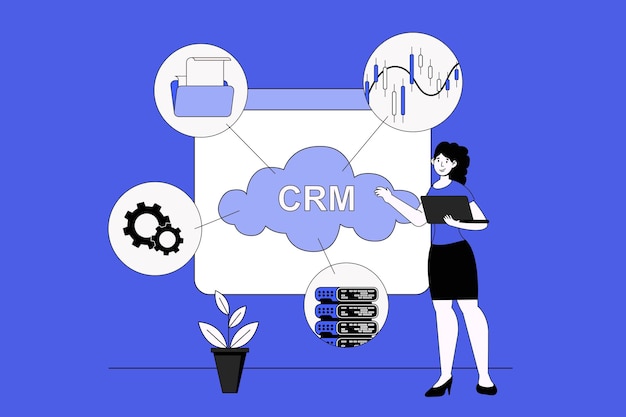 Klantrelatiebeheer webconcept met karakterscène in plat ontwerp Mensen die CRM-tools gebruiken voor het plannen van strategie en werken Vectorillustratie voor marketingmateriaal voor sociale media