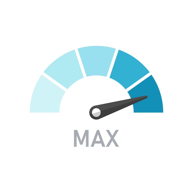 Klanttevredenheid max meter icoon in platte stijl Meter niveau vector illustratie op geïsoleerde achtergrond Snelheidsmeter teken bedrijfsconcept