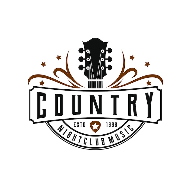 Klassiek Country Muziek Logo, Gitaar Vintage Retro Logo Ontwerp