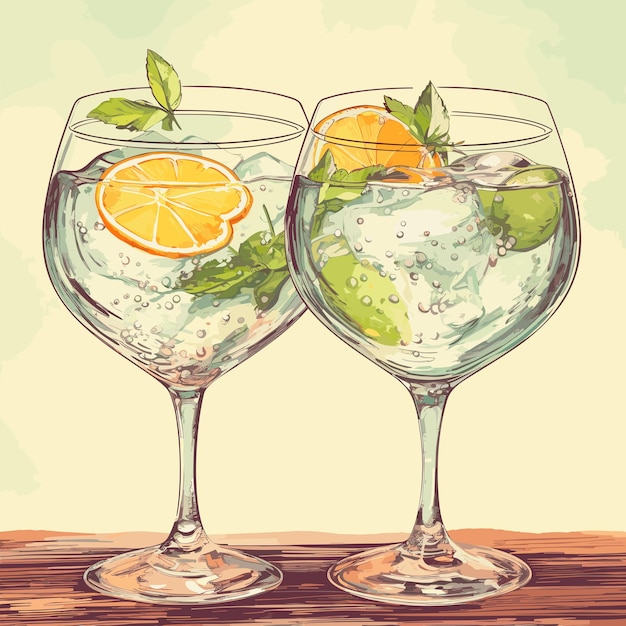 Klassieke alcoholische cocktail gin-tonic in twee glazen. Verfrissend drankje met limoensinaasappel en ijs. Vector