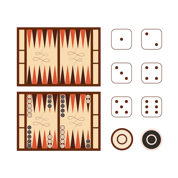 Vector klassieke backgammon speelveld met dobbelstenen set geïsoleerd op wit