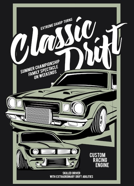 Klassieke drift, klassieke aangepaste motor auto illustratie