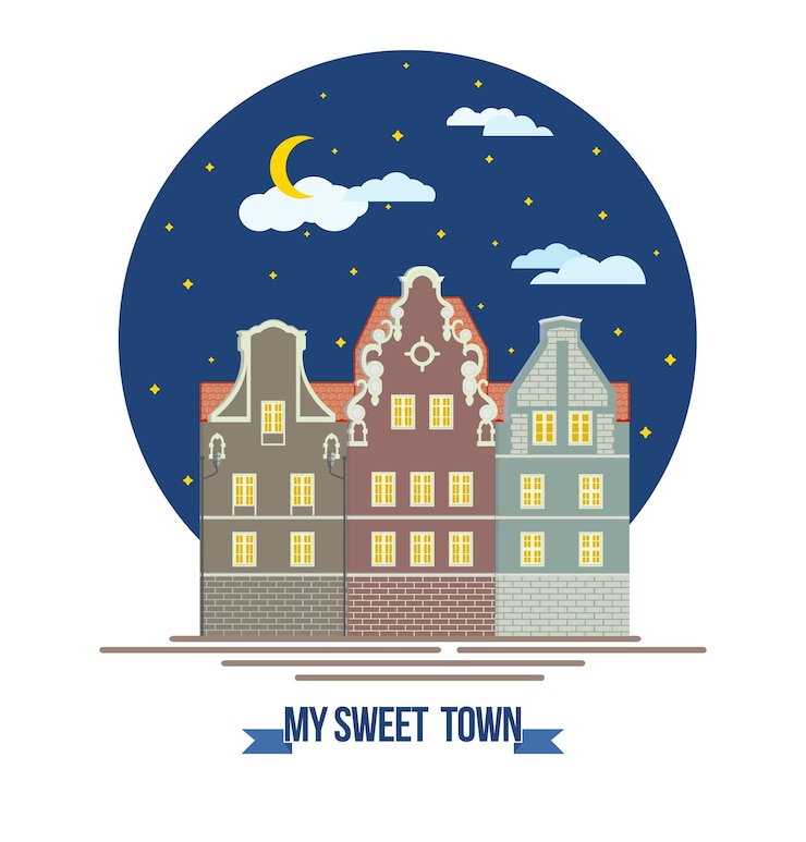 Vector klassieke europese oude stadshuizen landschap gebouwen en gevels nacht gezellige stadsstraat platte ontwerpstijl