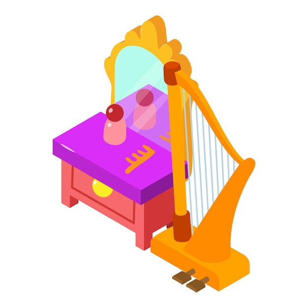 Vector klassieke harp pictogram isometrische vector snaarinstrument kaptafel retro kamer interieur