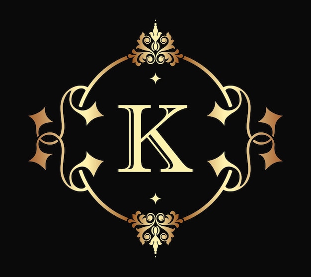 Klassieke letter k monogram retro. luxe frame border decor architectuur vintage logo sjabloon