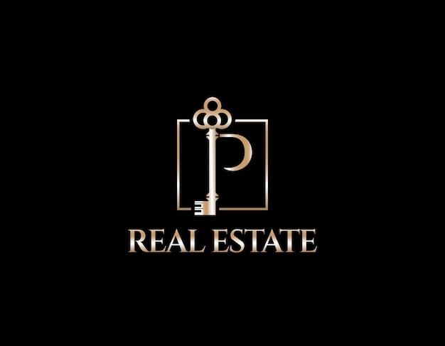 Klassieke luxe gouden P Key Realty logo ontwerpsjabloon