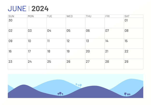 Klassieke maandkalender van juni voor 2024 kalender in de stijl van de minimalistische vierkante vorm