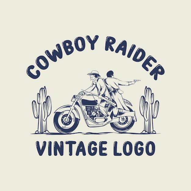 Klassieke motorrijder met cactusboom en cowboy raider-logo vintage letters