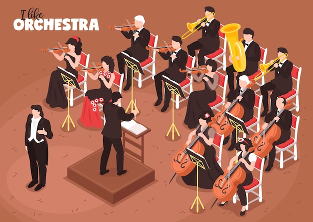 Vector klassieke muziek orkest isometrische compositie met zanger dirigent die uitvoering viool cello tuba bassisten illustratie regisseert