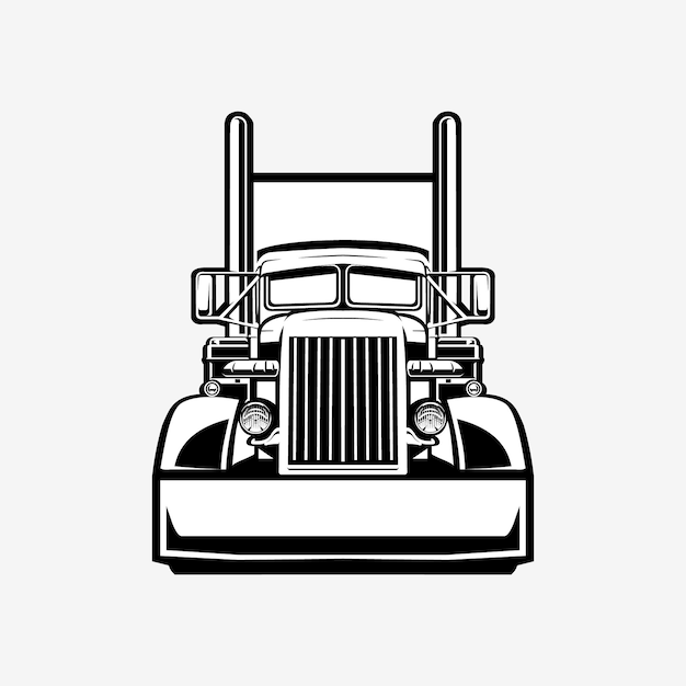 Vector klassieke oplegger vrachtwagen vooraanzicht vector kunst zwart-wit silhouet geïsoleerd op witte achtergrond