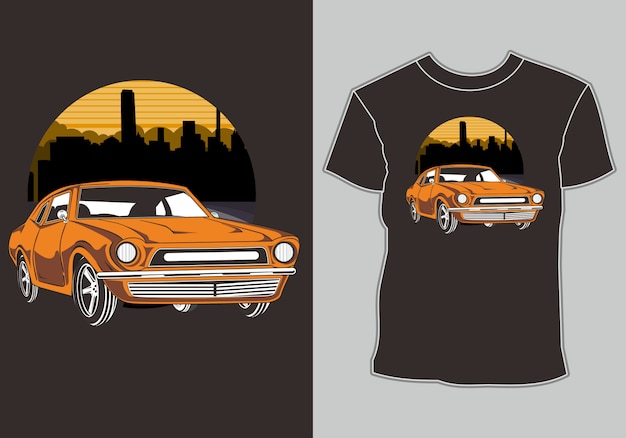 Klassieke, retro, vintage auto aan de rand van de stad, t-shirt afbeelding