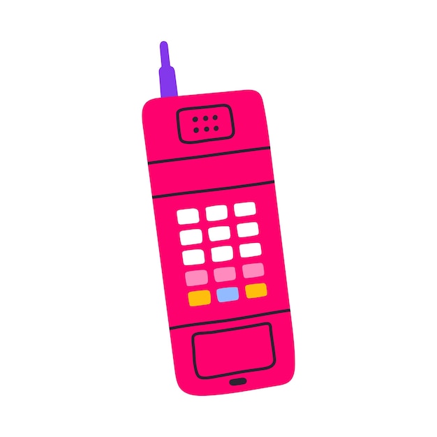Klassieke roze mobiele telefoon uit de jaren 80 en 90 in moderne vlakke stijl Handgetekende vectorillustratie Mode