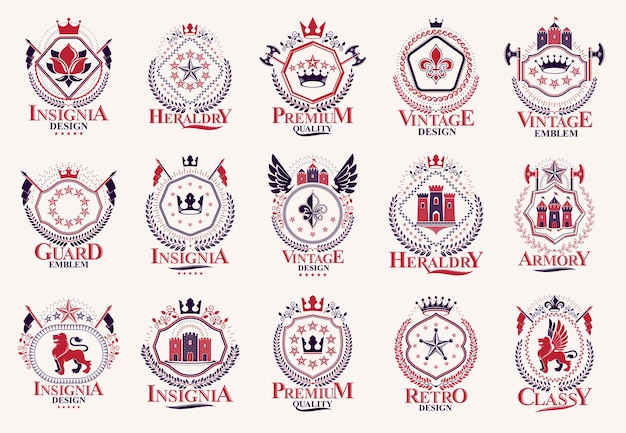 Klassieke stijl emblemen grote set, oude heraldische symbolen awards en labels collectie, klassieke heraldiek designelementen, familie of zakelijke emblemen.