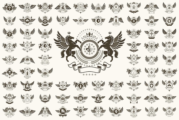 Vector klassieke stijl emblemen grote set, oude heraldische symbolen awards en labels collectie, klassieke heraldiek designelementen, familie of zakelijke emblemen.