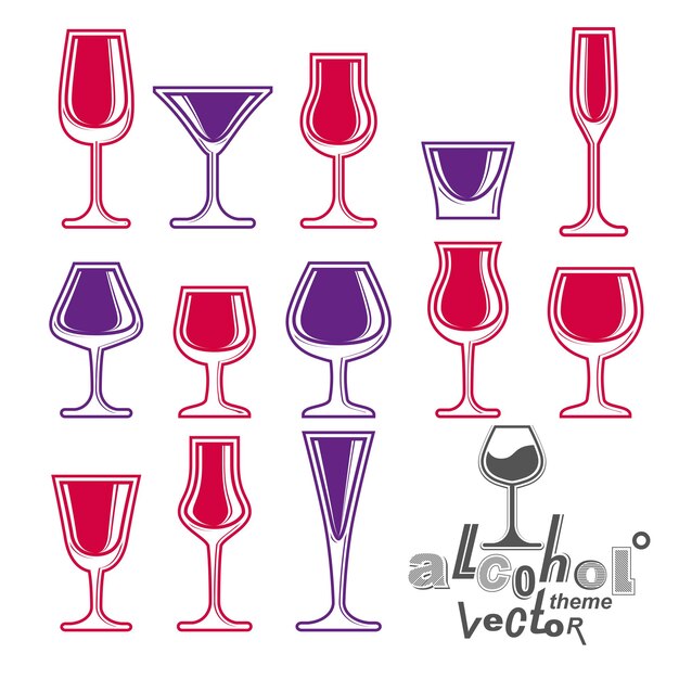 Vector klassieke vectordrinkbekersinzameling - martini, wijnglas, cognac en whisky. alcohol thema illustraties. lifestyle grafisch ontwerpelementen, set van eenvoudige glazen.