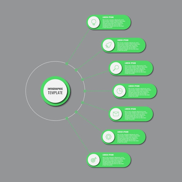 Klassieke verticale infographic sjabloon met zeven groene ronde elementen op een grijze achtergrond