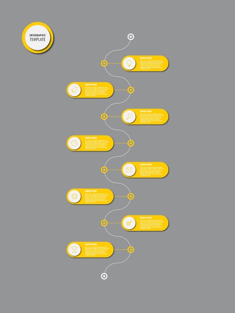 Klassieke verticale infographic tijdlijnsjabloon met acht gele ronde elementen op een grijze achtergrond