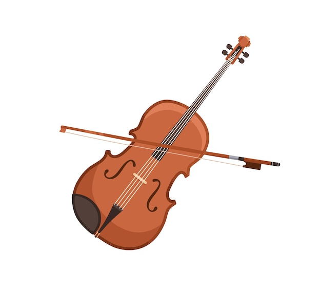Klassieke viool en strijkstok. Houten viool met strijkstok. Orkest snaar muziekinstrument. Gekleurde platte vectorillustratie geïsoleerd op een witte achtergrond.