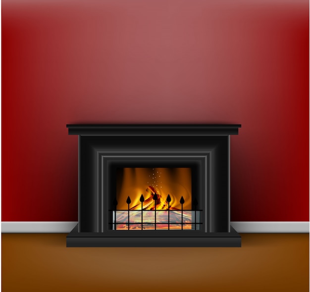 klassieke zwarte haard met een laaiend vuur voor interieur in zand- of hygge-stijl op rood